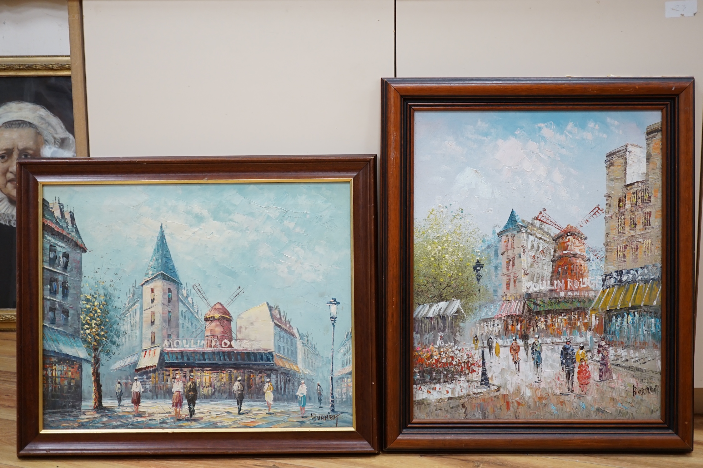 Caroline Burnett (1877-1950), two Impressionist oils, one on canvas, 'Moulin Rouge, Paris', signed, 39 x 49cm. Condition - good